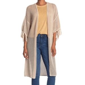 Wildfox NWT Womens Beige Cotton Open Knit Fringe Duster Cardigan Sweater Small